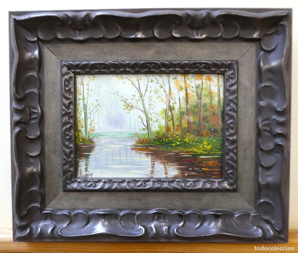 Arte: Bonito oleo con marco firmado, la pintura mide 18X13 cm y con marco 31X26 cm.