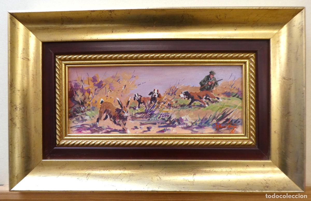 Arte: Bonito oleo escena de caza con marco firmado, la pintura mide 30X12 cm y con marco 46X29 cm.