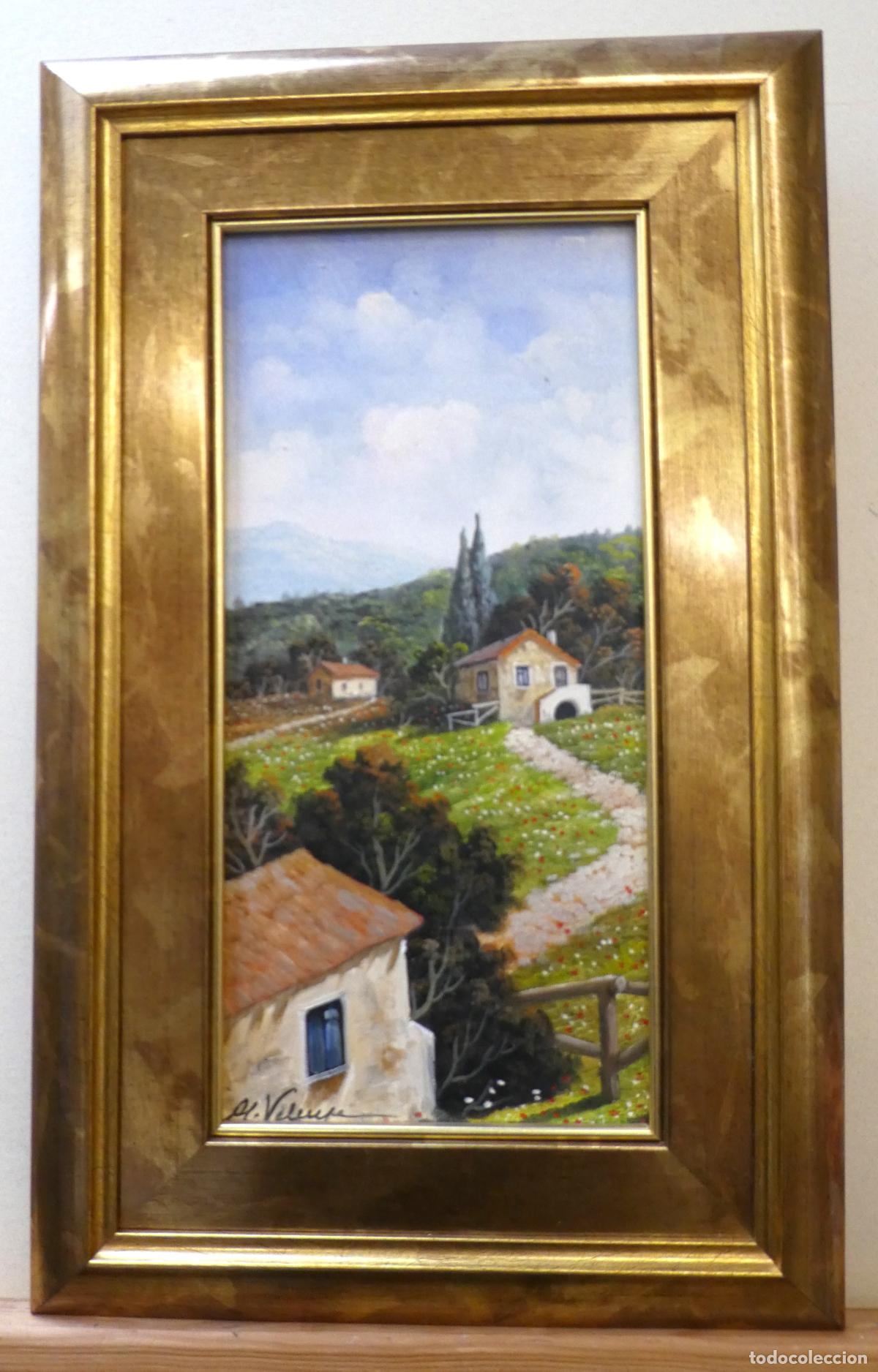 Arte: Bonito oleo paisaje con marco firmado, la pintura mide 40X20 cm y con marco 54X34 cm.