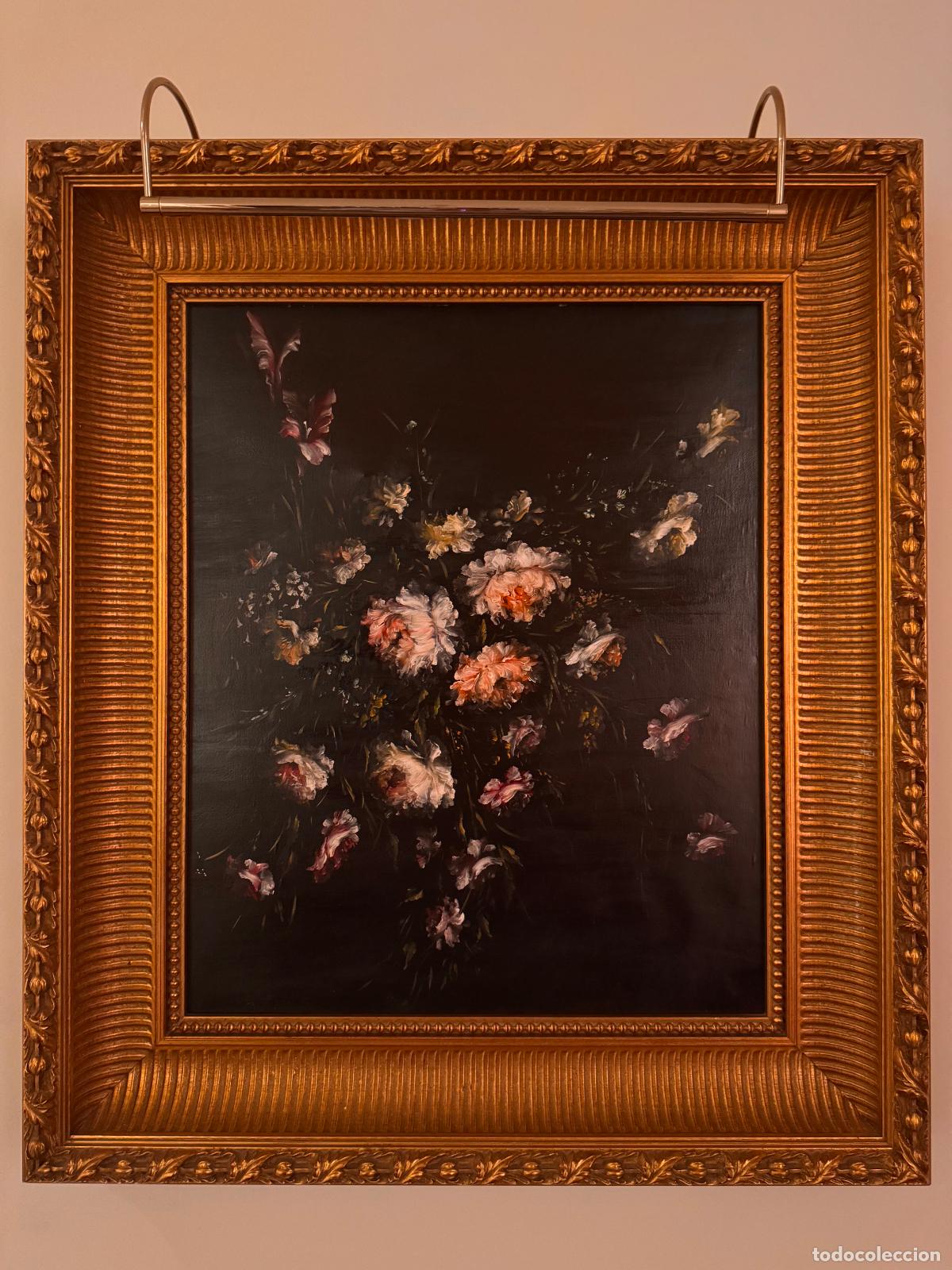 Arte: &Oacute;leo sobre lienzo - Magn&iacute;fico Bodeg&oacute;n Floral con Espectacular Marco Dorado de Estilo Barroco