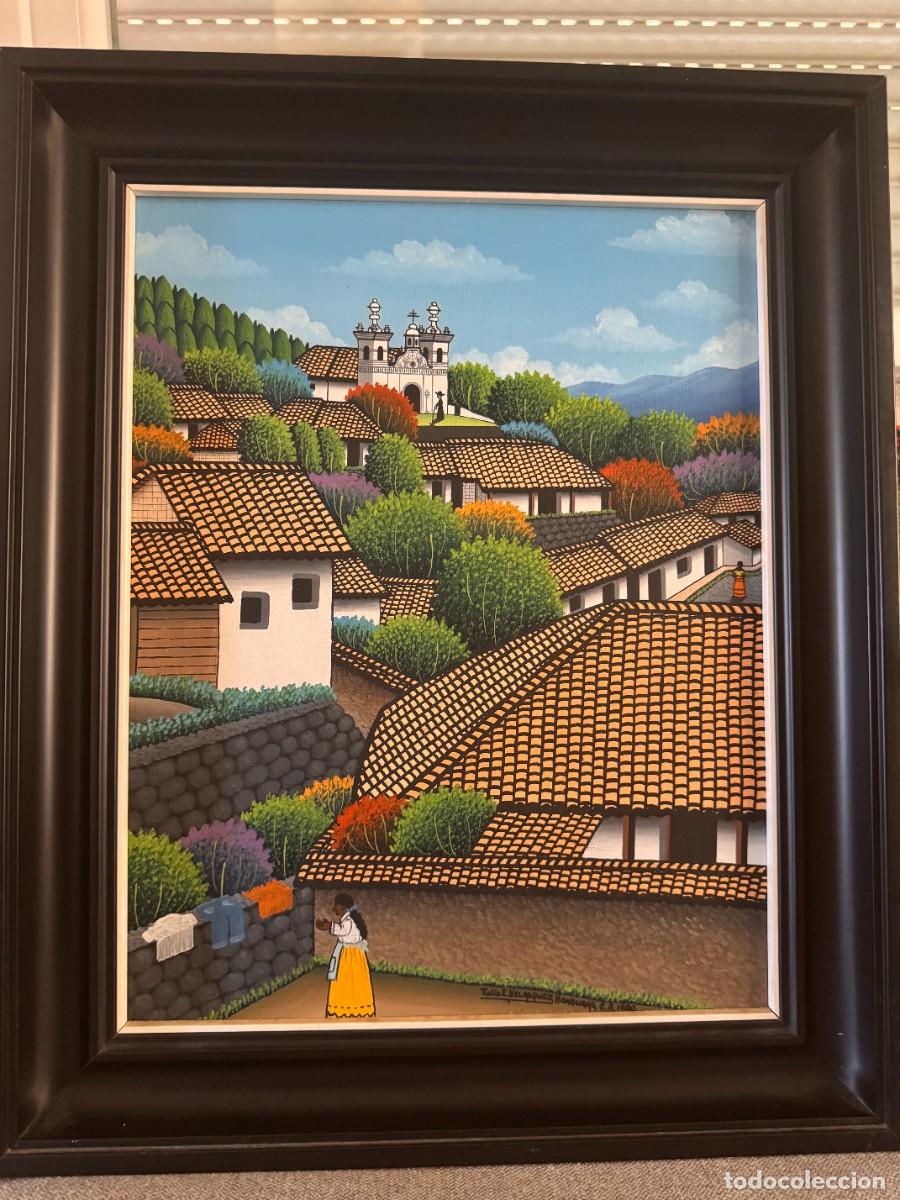 Arte: TULIO E. VEL&Aacute;SQUEZ &ndash; Honduras 1984 &ndash; Paisaje na&iuml;f firmado &ndash; 41 x 31 cm