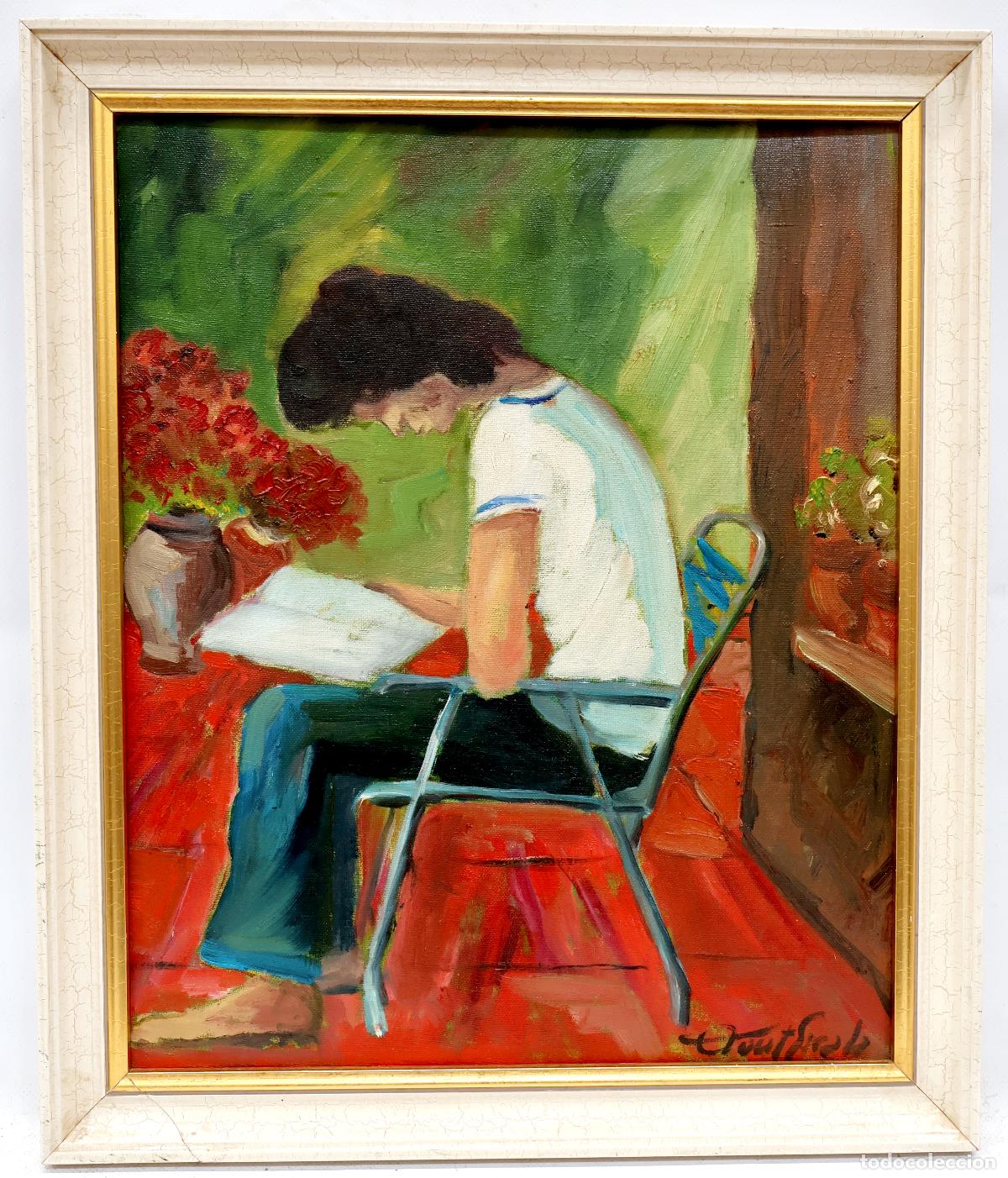 Arte: ANTONI FONT I ESCALA (Arenys de Mar, Siglo xx) OLEO SOBRE TELA. INTERIOR CON FIGURA. A&Ntilde;O 1975