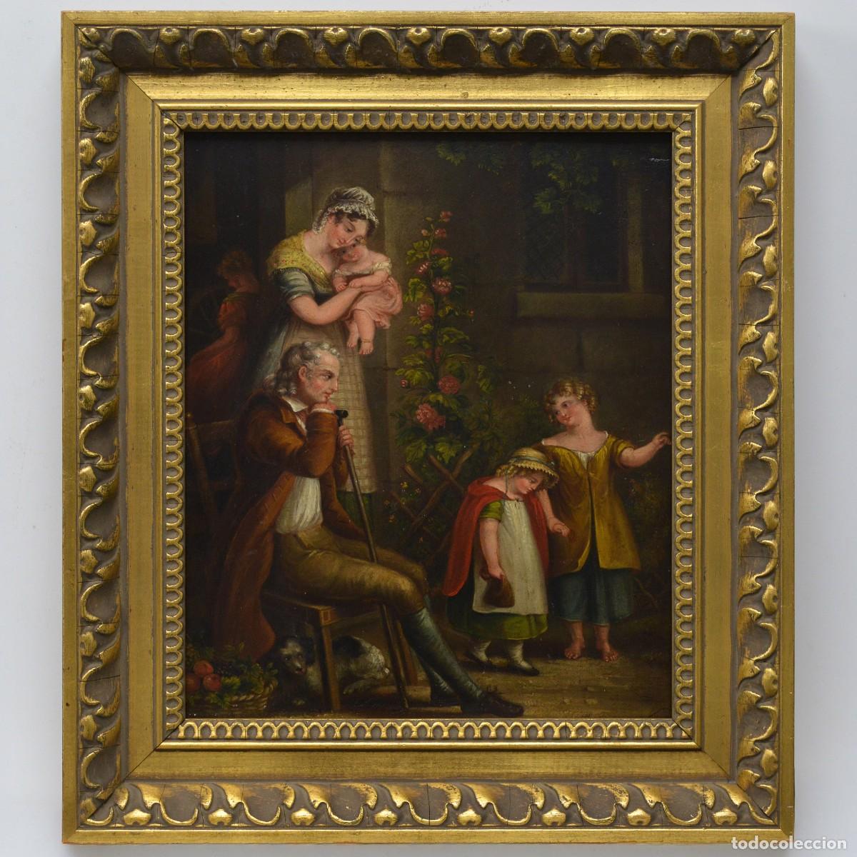 Arte: Late 18th Century European Sentimental Genre Family Scene Oil Wood Panel Framed