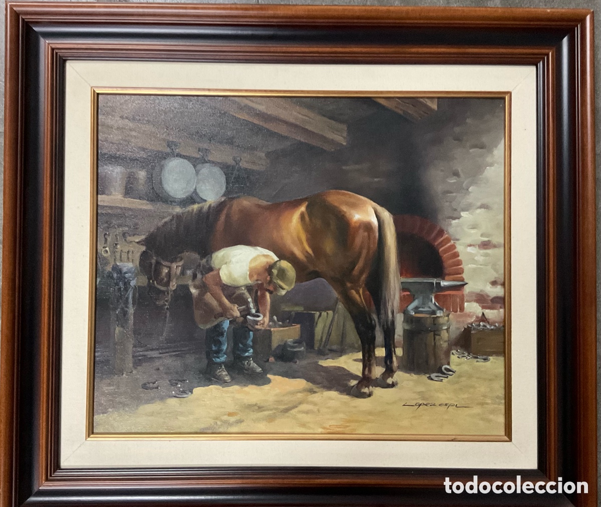 Arte: RAFAEL L&Oacute;PEZ ESP&Iacute; &ndash; EL HERRADOR &ndash; &Oacute;LEO SOBRE LIENZO 78 x 69 CM &ndash; CABALLO Y FRAGUA &ndash; FIRMADO
