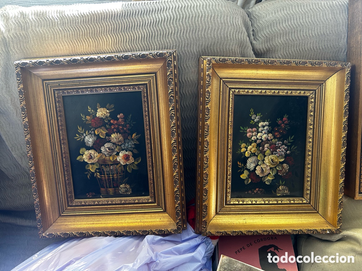Arte: Pareja de cuadros florales pintados sobre chapa de cobre &ndash; Marcos dorados