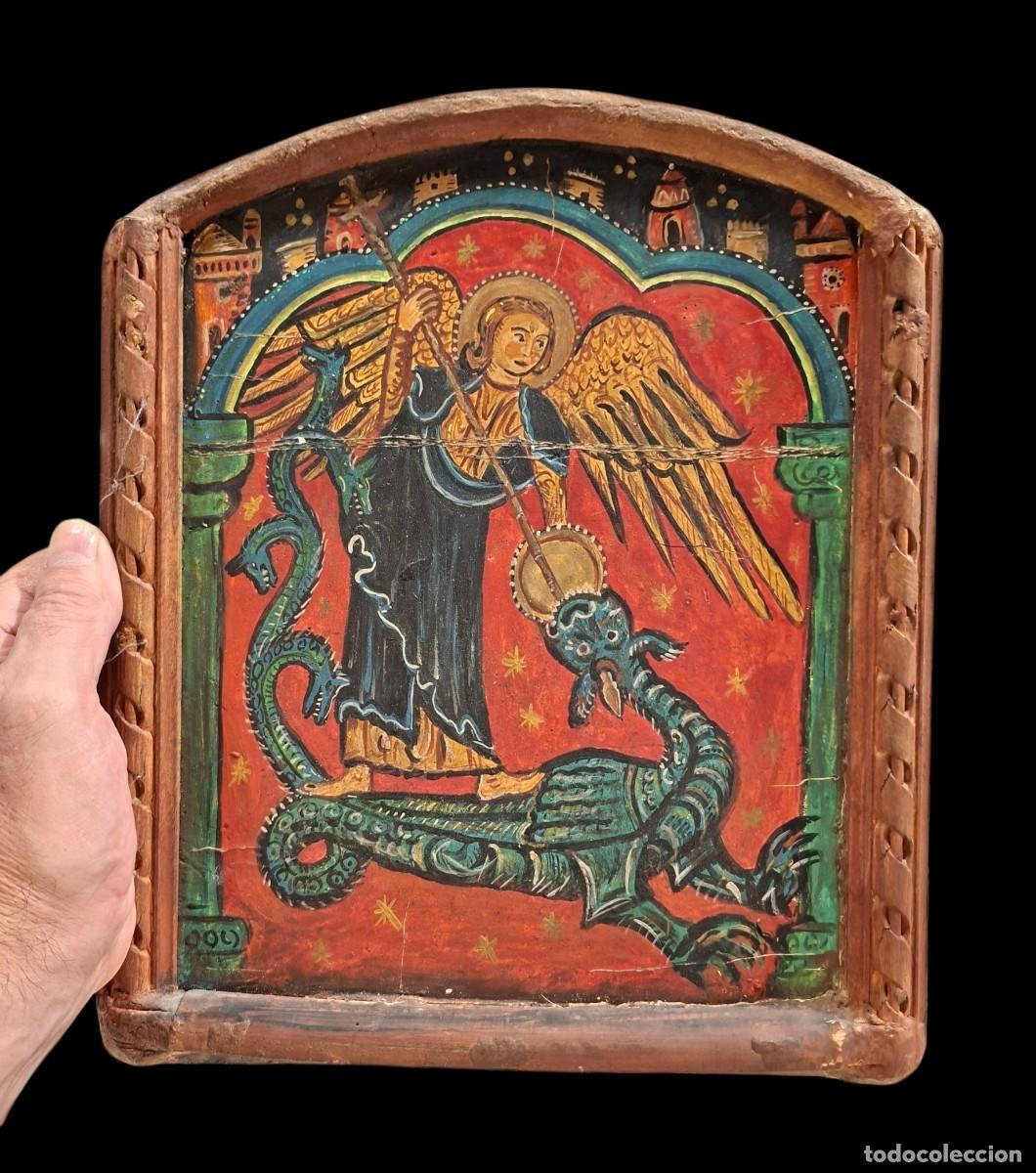 Arte: ICONO SAN MIQUEL I EL DRAGO PINTURA SOBRE TABLA COPIA DEL MESTRE DE SORIGUEROLA