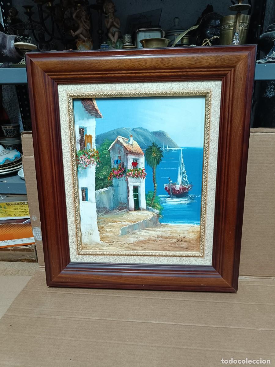 Arte: ANTIGUO CUADRO OLEO SOBRE TELA, MARINA CON BARCA, PAISAJE PUEBLO DE MAR, FIRMA A IDENTIFICAR -I1