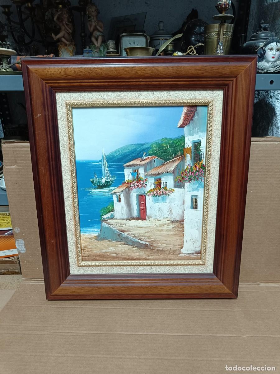 Arte: ANTIGUO CUADRO OLEO SOBRE TELA, MARINA CON BARCA, PAISAJE PUEBLO DE MAR, FIRMA A IDENTIFICAR -I1