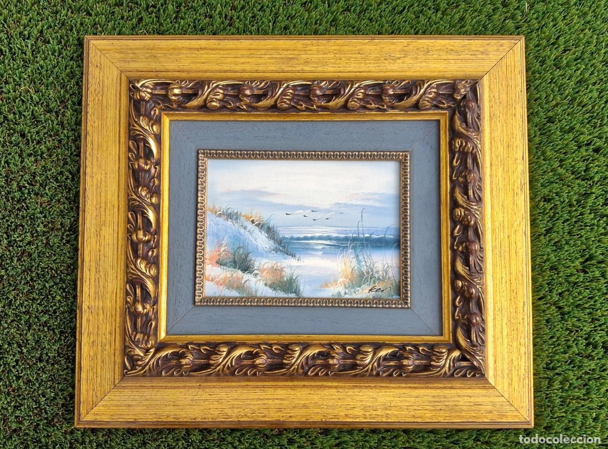 Arte: Cuadro al &Oacute;leo Paisaje Mar&iacute;timo con Marco Dorado Cl&aacute;sico (40x35 cm)