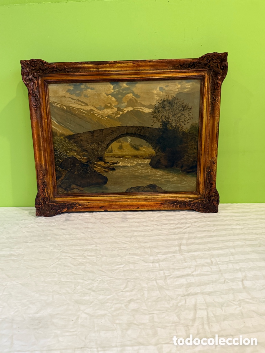 Arte: GUSTAVE PAUL ROBINET (1845-1932) &ndash; &Oacute;leo sobre lienzo, paisaje alpino con puente &ndash; Siglo XIX