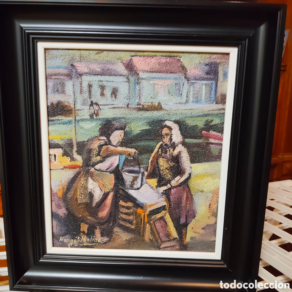 Arte: &Oacute;leo sobre tabla con carga mat&eacute;rica granular. Escena rural expresionista. Firmado Margot Molina.