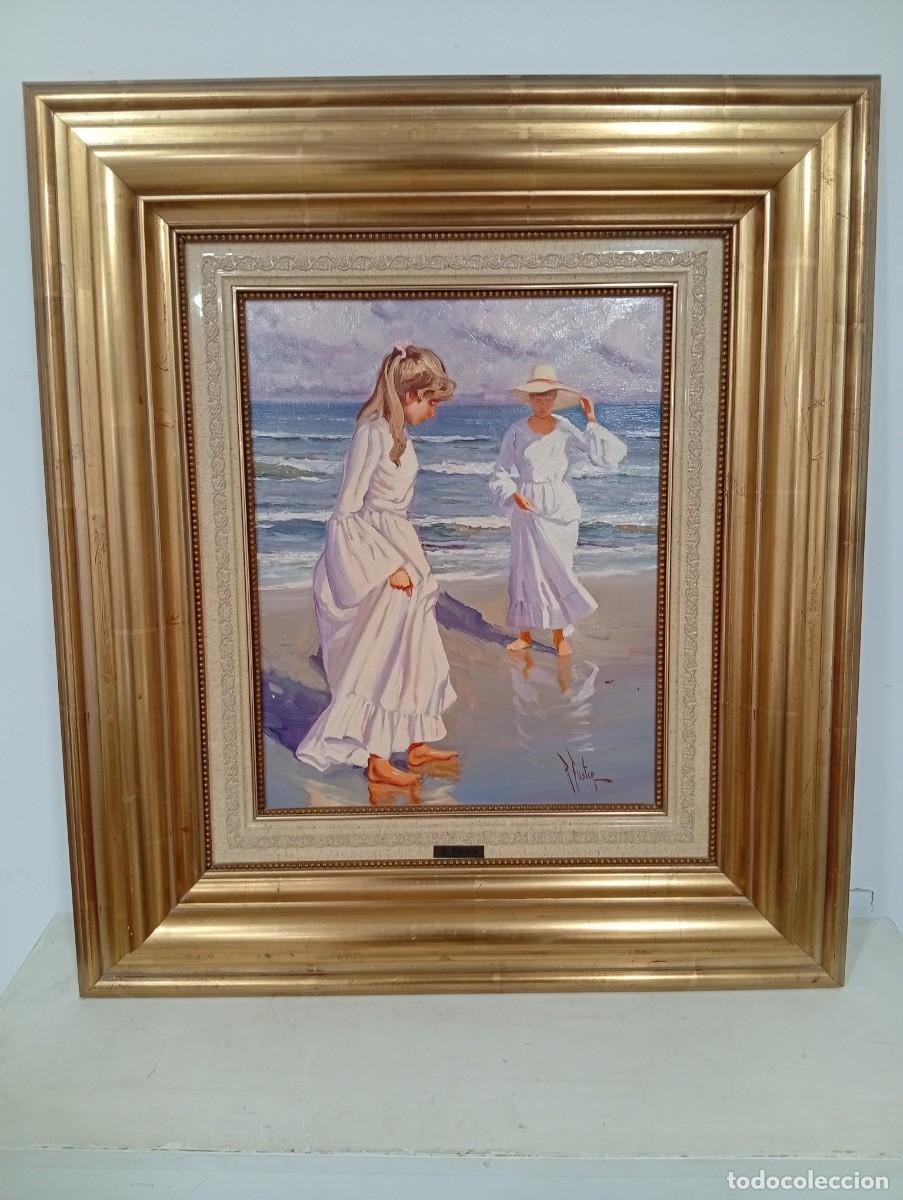 Art: Rafael Fuster. Mujeres en la playa 2. Oleo sobre lienzo. 69x61 cm. Firmado