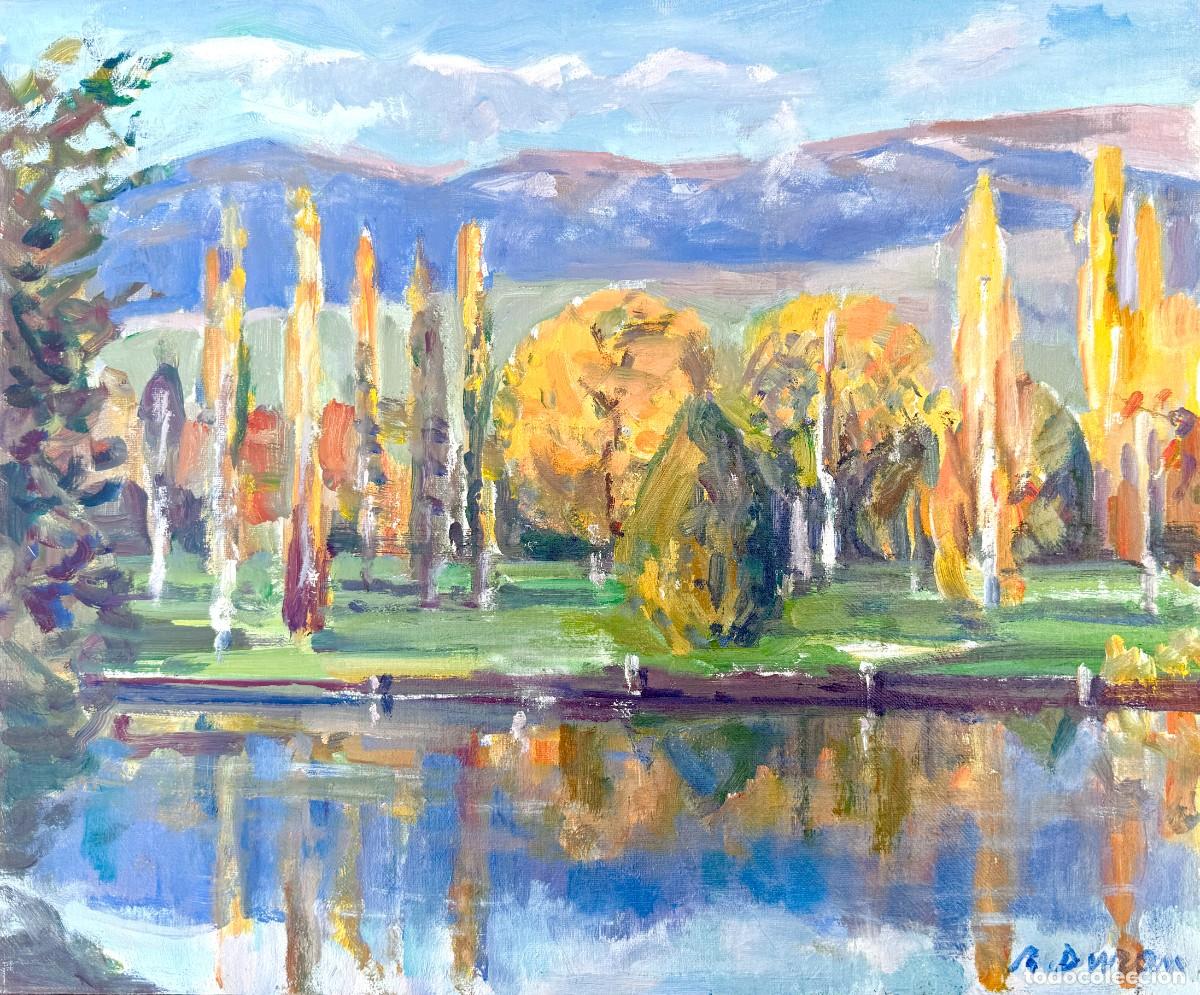 Arte: Rafael Dur&aacute;n Benet - Paisaje con lago, &aacute;rboles y reflejos - &Oacute;leo sobre tabla entelada