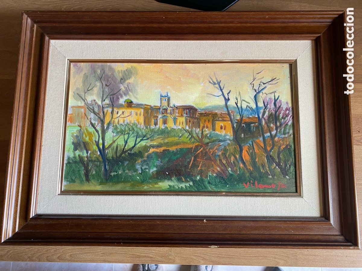 Arte: &Oacute;leo sobre lienzo Ramon Vilamosa (1912-1994) - Paisaje de pueblo con campanario. Enmarcado