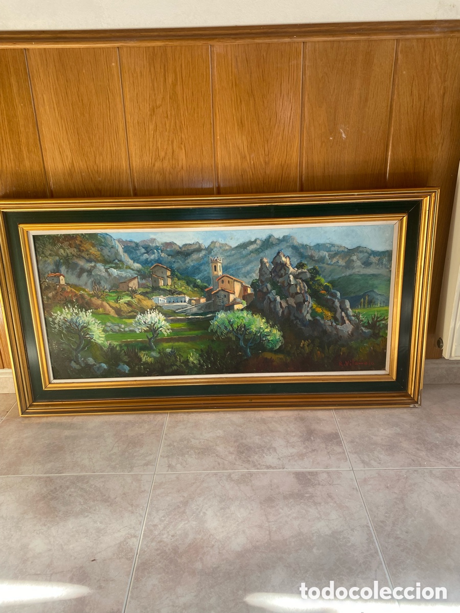 Arte: Gran &Oacute;leo panor&aacute;mico Ramon Vilamosa (1912-1994) - Paisaje de monta&ntilde;a con pueblo y almendros en flor