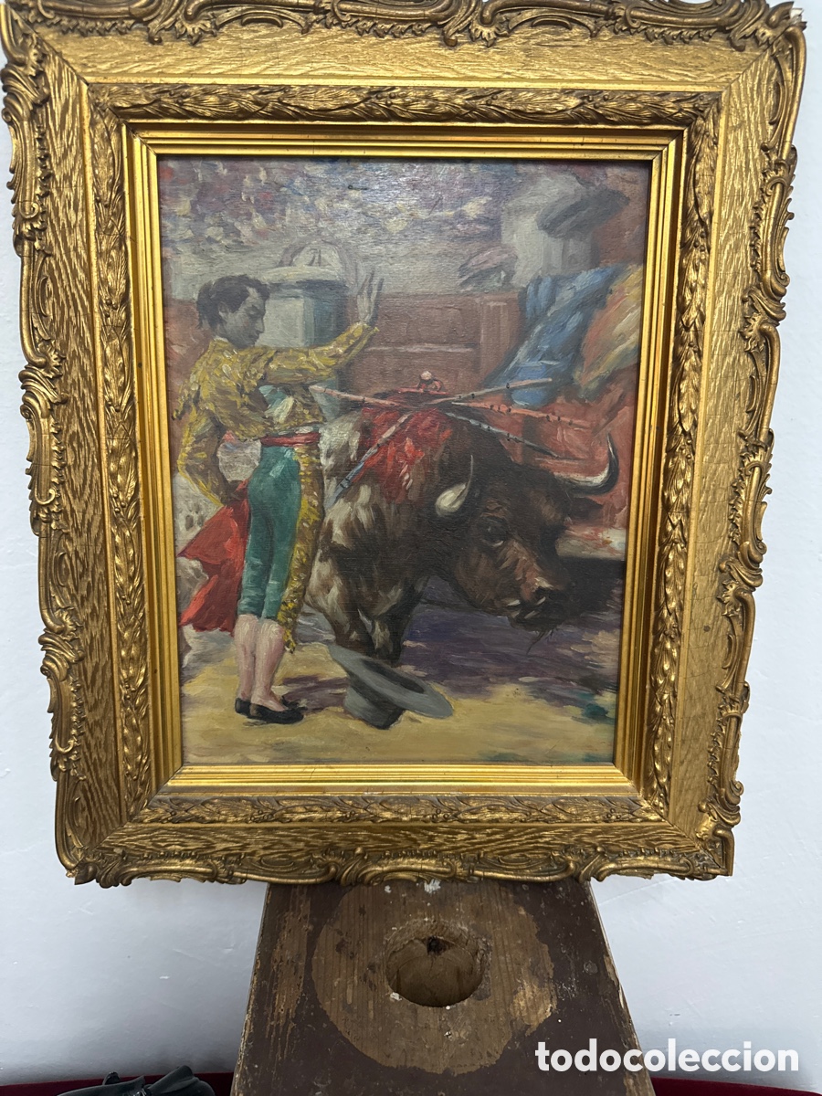Arte: &Oacute;leo toros sobre tabla Roberto Domingo. Dedicado.