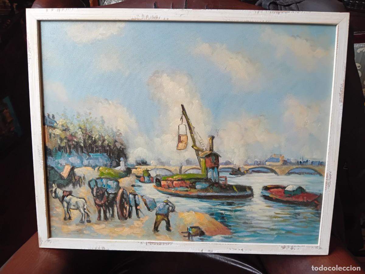 Arte: Descargando en el muelle &oacute;leo sobre el lienzo