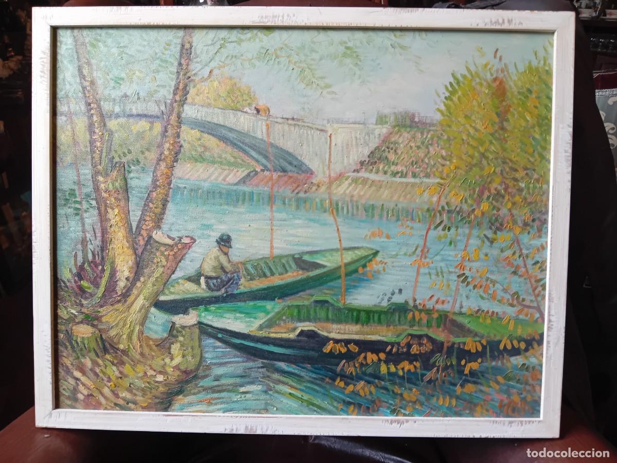 Arte: Pescando en el r&iacute;o, &oacute;leo sobre lienzo - Foto 1