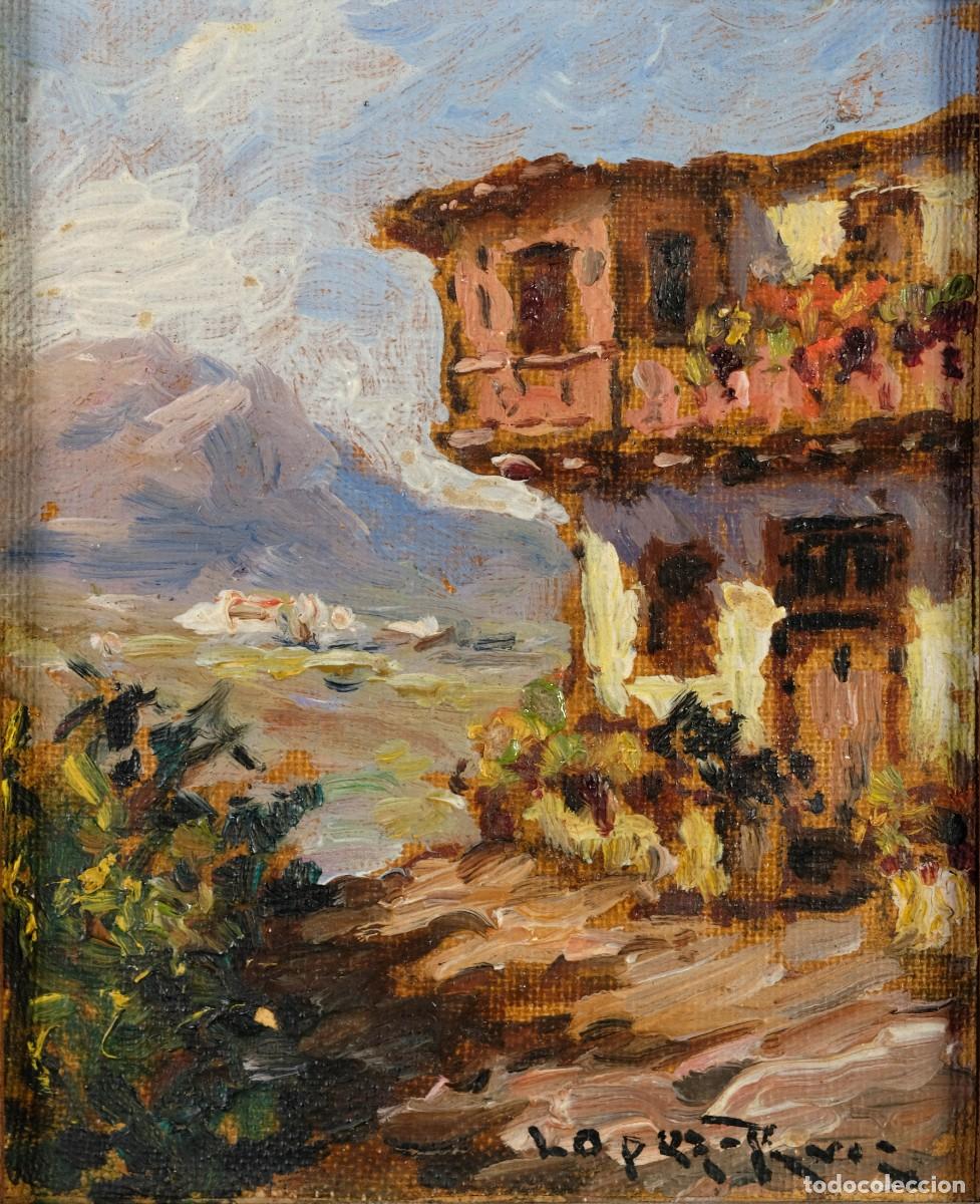 Arte: MANUEL L&Oacute;PEZ RUIZ (1869 &ndash; 1960). Vista casa. &Oacute;leo sobre lienzo pegado a t&aacute;blex. Firmado.