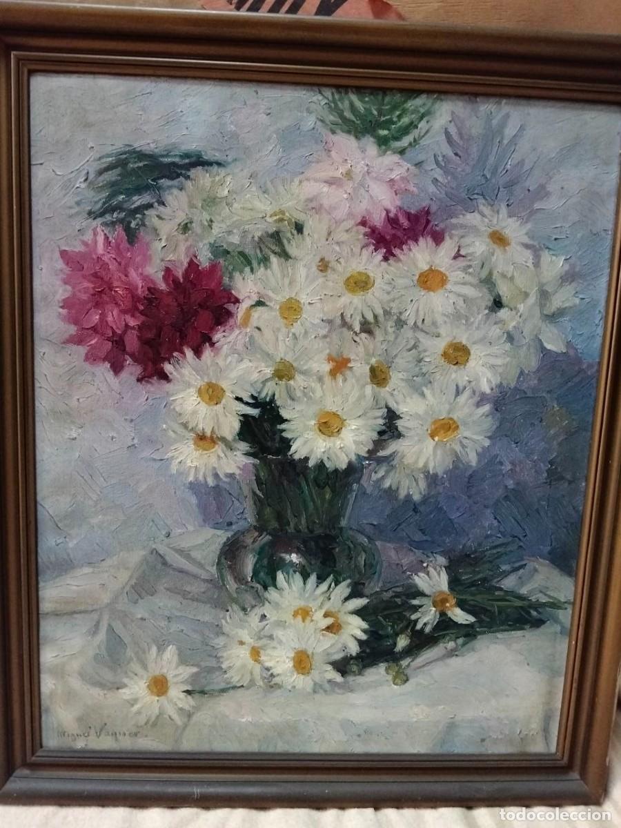 Arte: &Oacute;leo Sobre Lienzo De Miguel Vaquer (1910-1988) - Bodeg&oacute;n &rdquo;Margaritas Y Dalias&rdquo;. Firmado Y Titulado