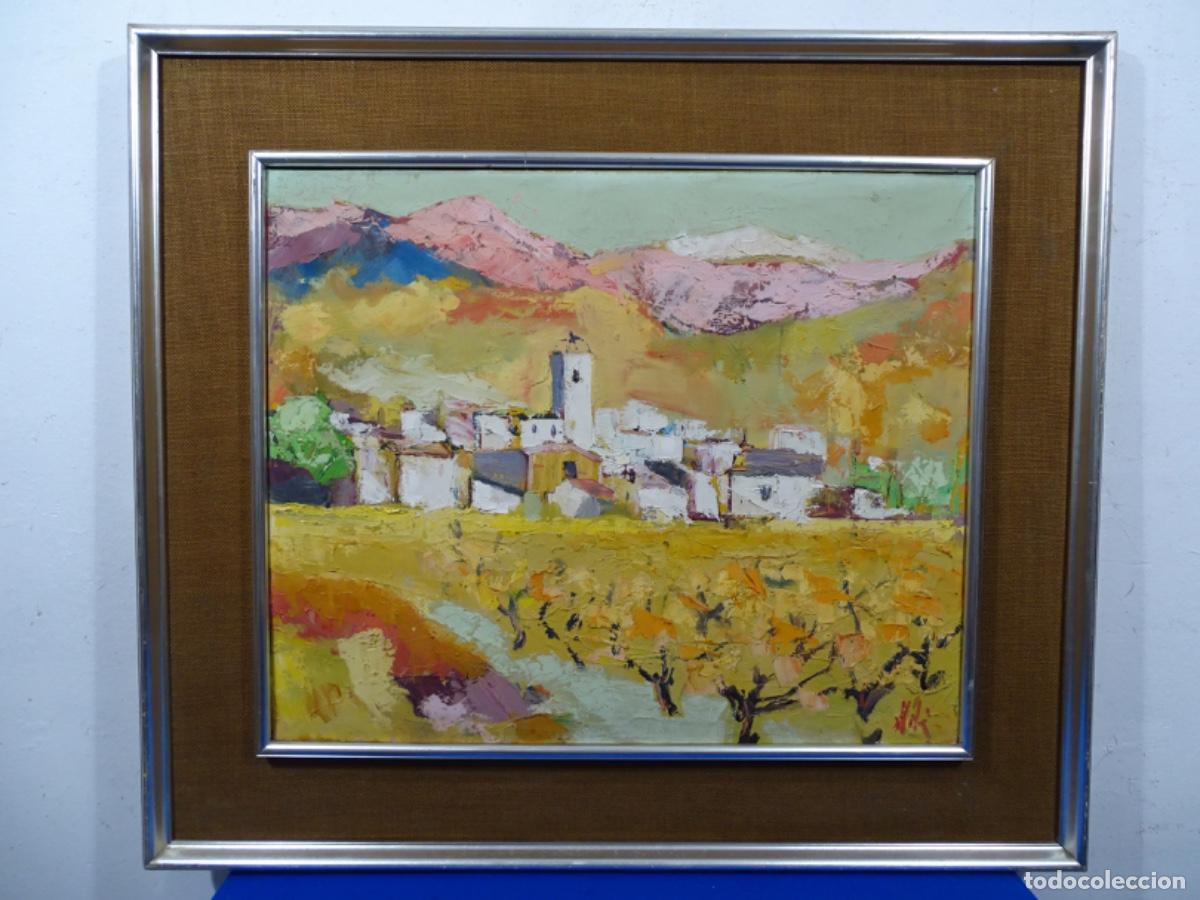 Arte: &Oacute;LEO SOBRE TELA JOAN FELIP VILA (FIGUERES 1932-CERET 1990). PUEBLO 1973. GRAN COLORIDO.