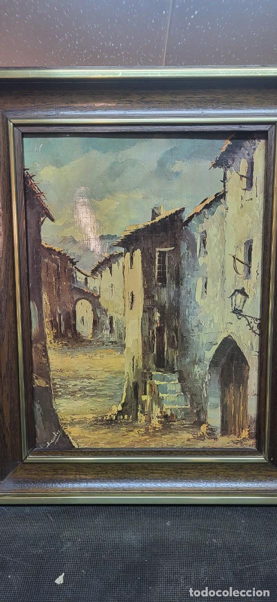 Arte: Cuadro &oacute;leo vintage - Paisaje calle de pueblo con arco - Firmado J. Cort&eacute;s