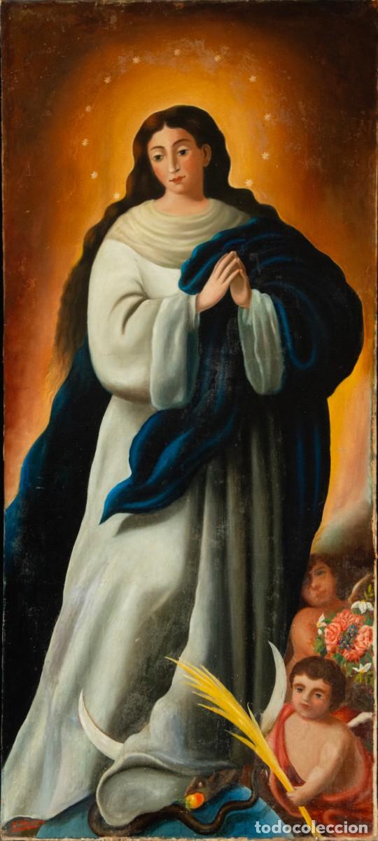 Arte: Inmaculada Concepci&oacute;n, gran &oacute;leo firmado J. Moreno, escuela espa&ntilde;ola, s. XX