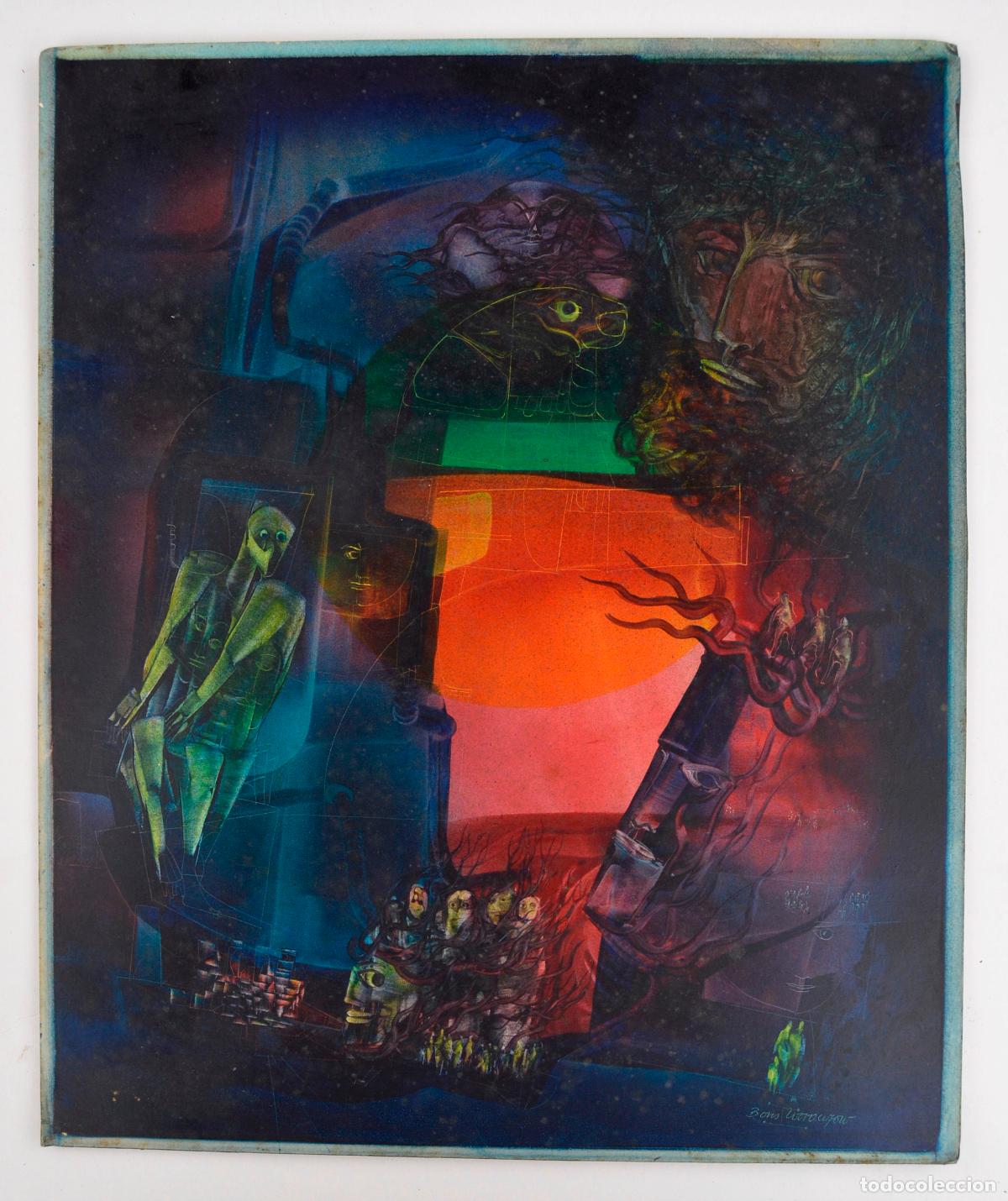 Kunst: Boris Woronzow, mundo on&iacute;rico, surrealismo anal&iacute;tico, 1960's, pintura sobre cart&oacute;n, firmada.