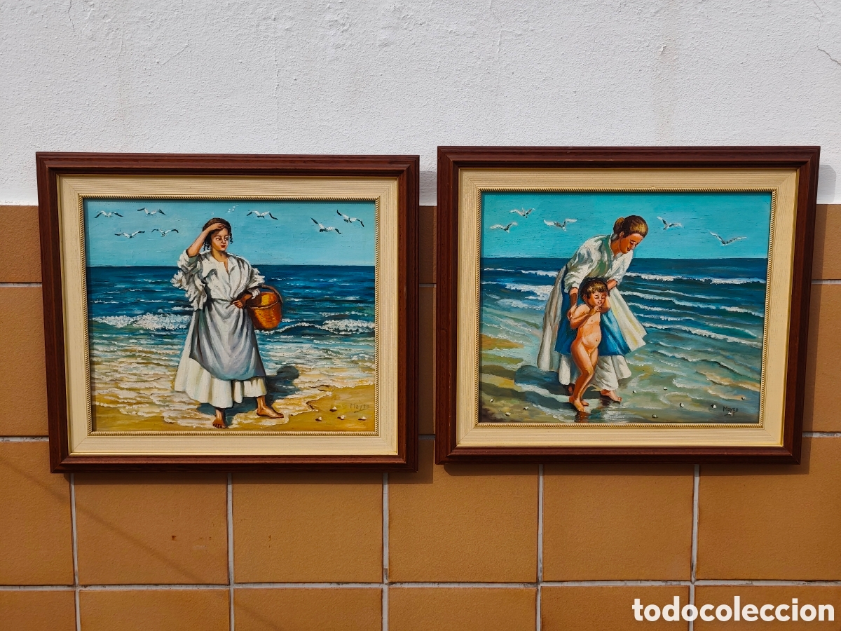 Arte: Pareja de &Oacute;leos sobre Lienzo &ndash; Escuela Valenciana / Escenas Mar&iacute;timas Estilo Sorolla (Firmados Mayte