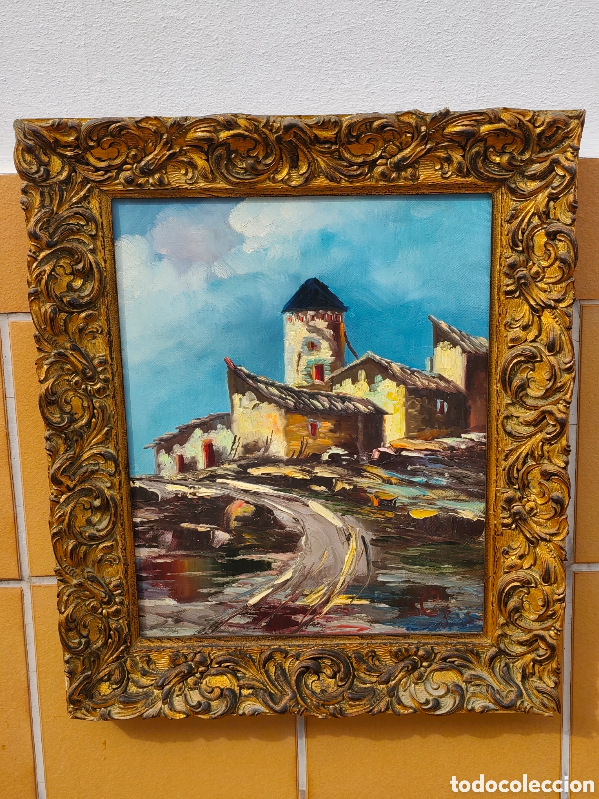 Arte: Cuadro al &Oacute;leo Expresionista &ndash; Paisaje Rural con Molino y Casas de Pueblo (Firmado Cris)