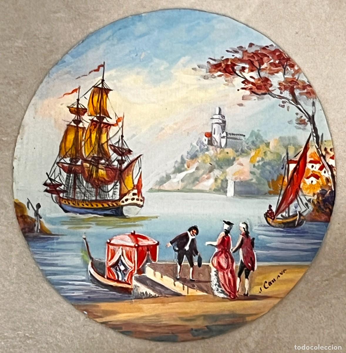 Kunst: MINIATURA SOBRE MARFIL, ESCENA PORTUARIA CON NAV&Iacute;OS, FIRMADA J. CANOVA, SIGLO XIX