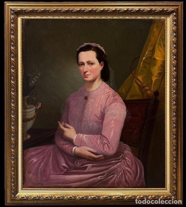 Arte: Escuela realista francesa (c. 1850) - Elegante retrato de joven con vestido rosa