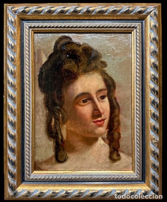 Arte: Elegante retrato de mujer con rizos - Escuela rom&aacute;ntica (siglo XIX)