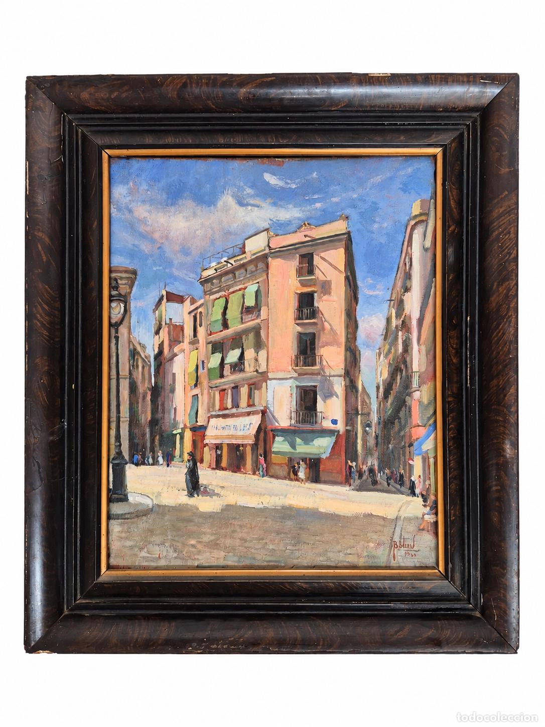 Arte: Paisaje Urbano de Barcelona - Pintura al &Oacute;leo - Firma B&aacute;lius, 1942
