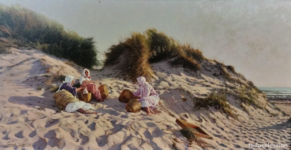 Arte: PABLO SEGARRA CHIAS. GRUPO DE MUJERES EN LA PLAYA. &Oacute;LEO SOBRE TABLA. SIGLO XX.
