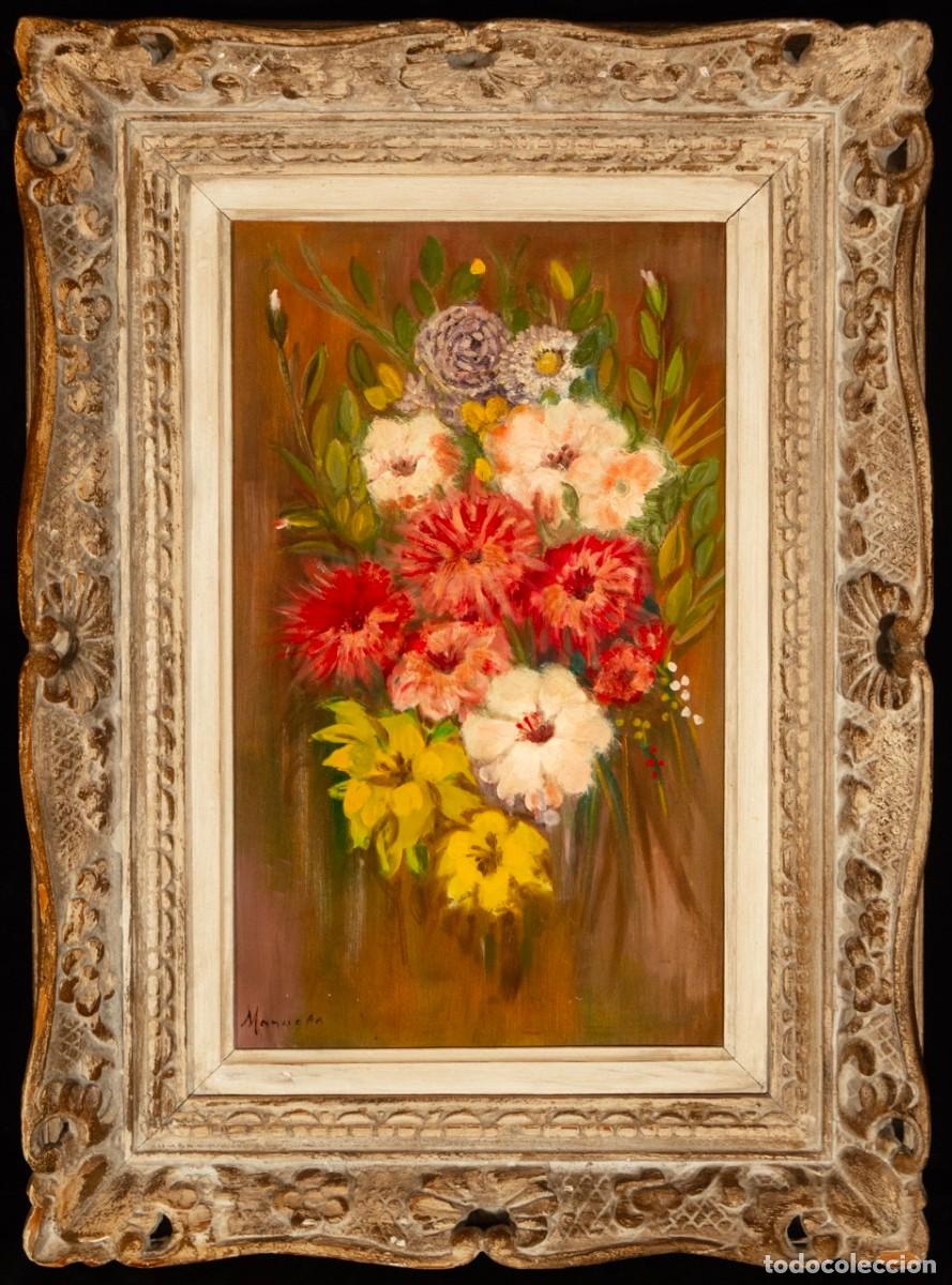 Arte: Bodeg&oacute;n floral firmado, &oacute;leo sobre tabla, escuela espa&ntilde;ola siglo XX