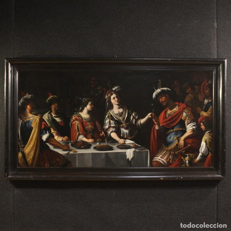 Arte: Magn&iacute;fica pintura italiana del siglo 17, el banquete entre Marco Antonio y Cleopatra.