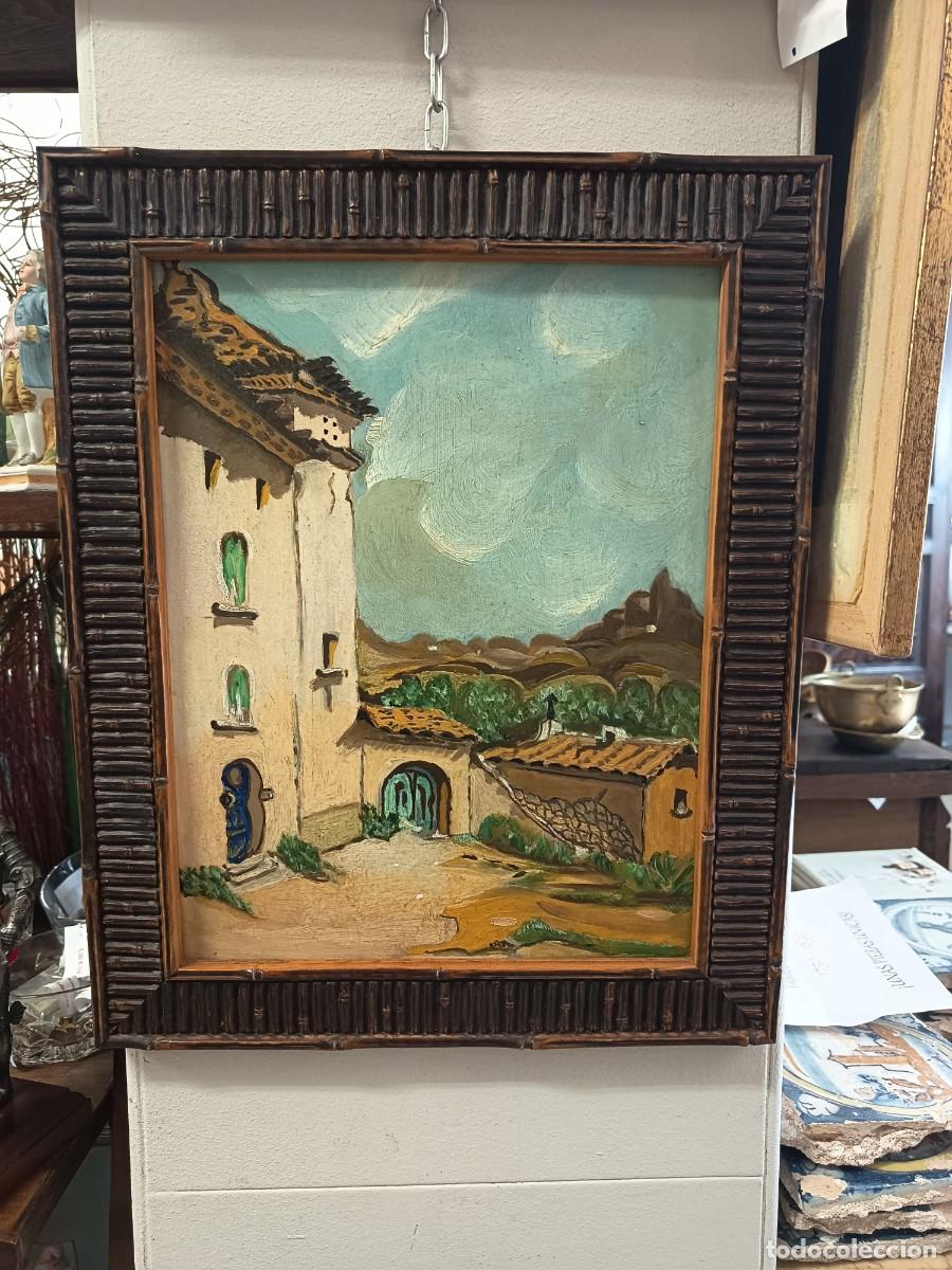 Arte: Antiguo &Oacute;leo sobre tabla Pueblo