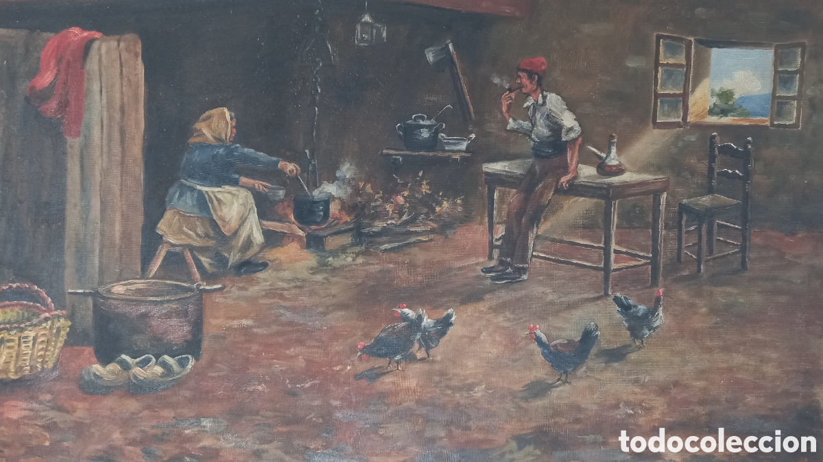 Arte: Esteban Serrat Calv&oacute;. Oleo sobre lienzo..Escena costumbrista Masia