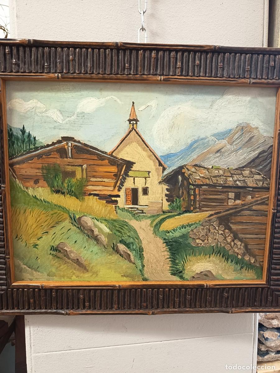 Arte: Antiguo &Oacute;leo sobre tabla Aldea - Foto 2