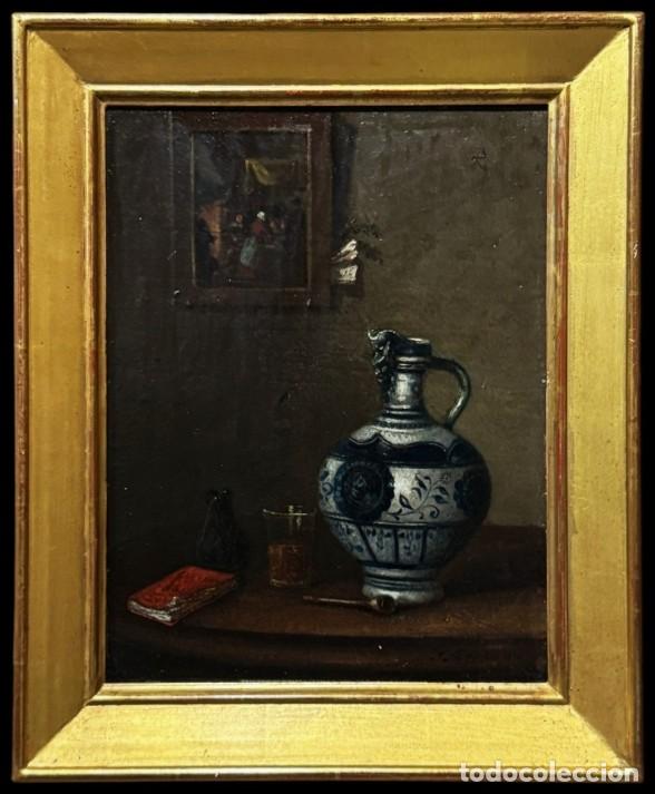 Arte: John Moreau (siglo XIX) - Magn&iacute;fico bodeg&oacute;n con pipa, vaso y jarra de Westerwald