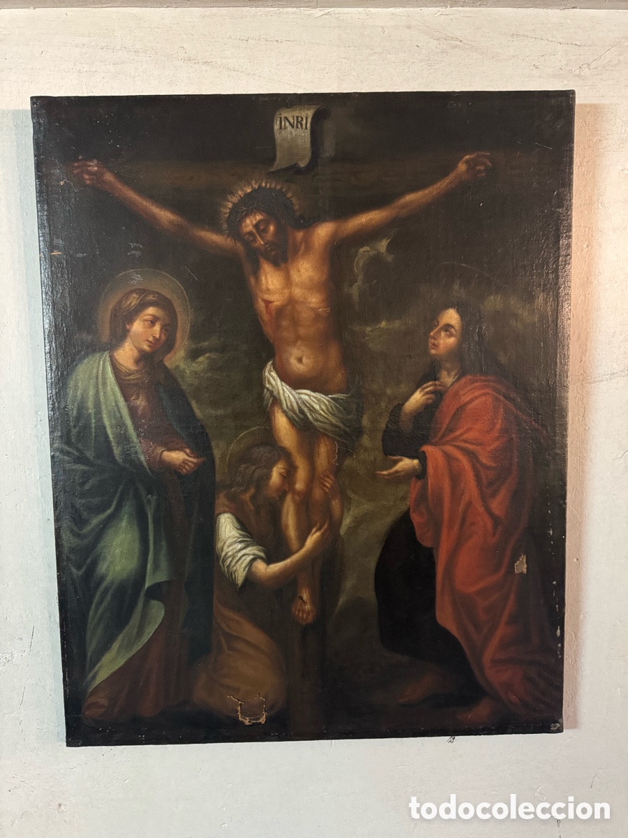 Arte: Magn&iacute;fico &oacute;leo sobre lienzo - El Calvario / Crucifixi&oacute;n - Escuela Espa&ntilde;ola Siglo XVII - Barroco