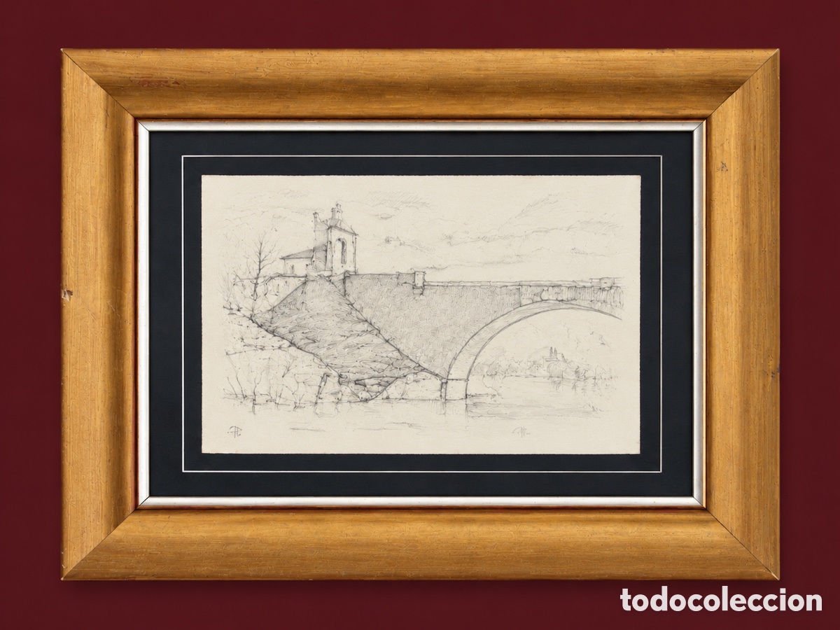 Arte: CECILIO PLA. &ldquo;PAISAJE CON PUENTE&rdquo;. Dibujo sobre papel