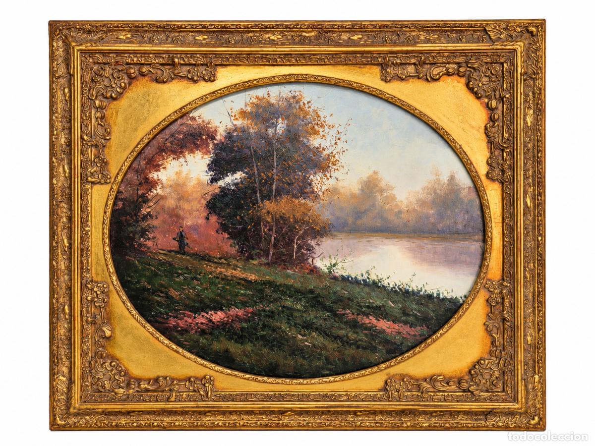 Arte: Pintura Estilo Rom&aacute;ntico de la Escuela de Barbizon - Paisaje - &Oacute;leo sobre Lienzo - Bonito Marco