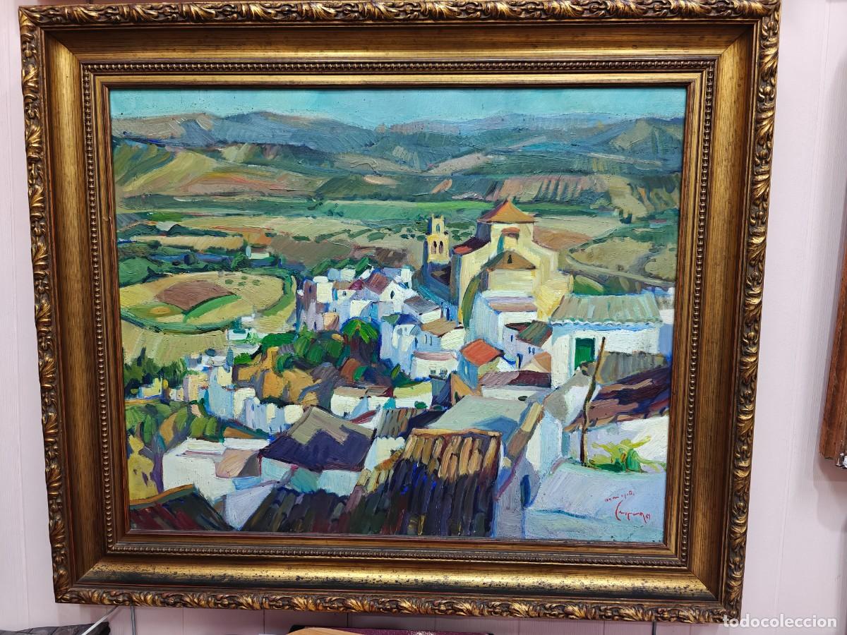 Kunst: &Oacute;leo sobre lienzo - Paisaje de pueblo andaluz / serran&iacute;a - Firmado por Cruz Pineda