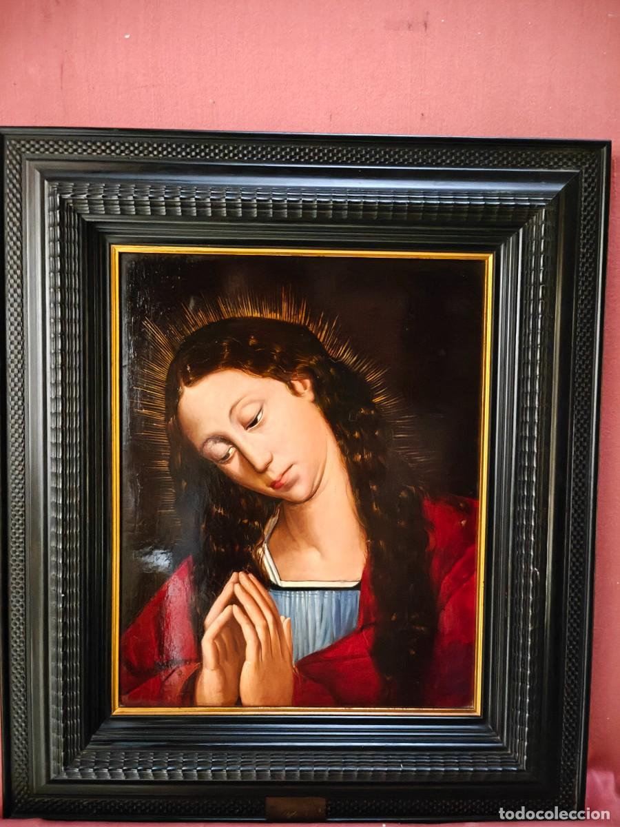 Kunst: Antigua pintura religiosa - Virgen orante con aureola / &Oacute;leo sobre tabla enmarcado