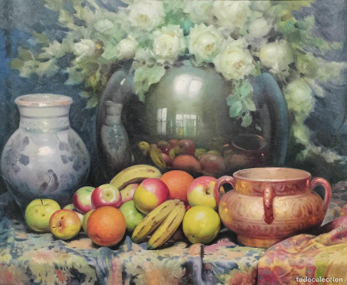 Arte: BODEG&Oacute;N CON FLORERO Y FRUTAS. JOS&Eacute; MARCED FURI&Oacute;. &Oacute;LEO SOBRE LIENZO. ESPA&Ntilde;A. SIGLO XX.