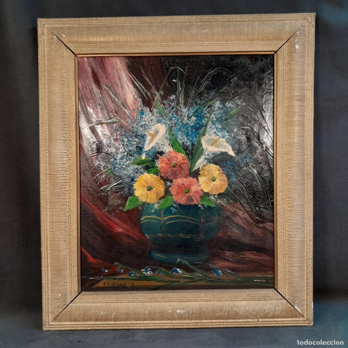 Arte: B-1957. NATURALEZA MUERTA CON FLORERO Y FLORES, &Oacute;LEO SOBRE LIENZO DE ETIENNE S. SIGLO XX.
