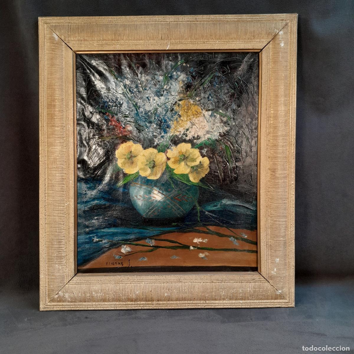 Arte: B-1958. NATURALEZA MUERTA CON FLORERO Y FLORES, &Oacute;LEO SOBRE LIENZO DE ETIENNE S. SIGLO XX
