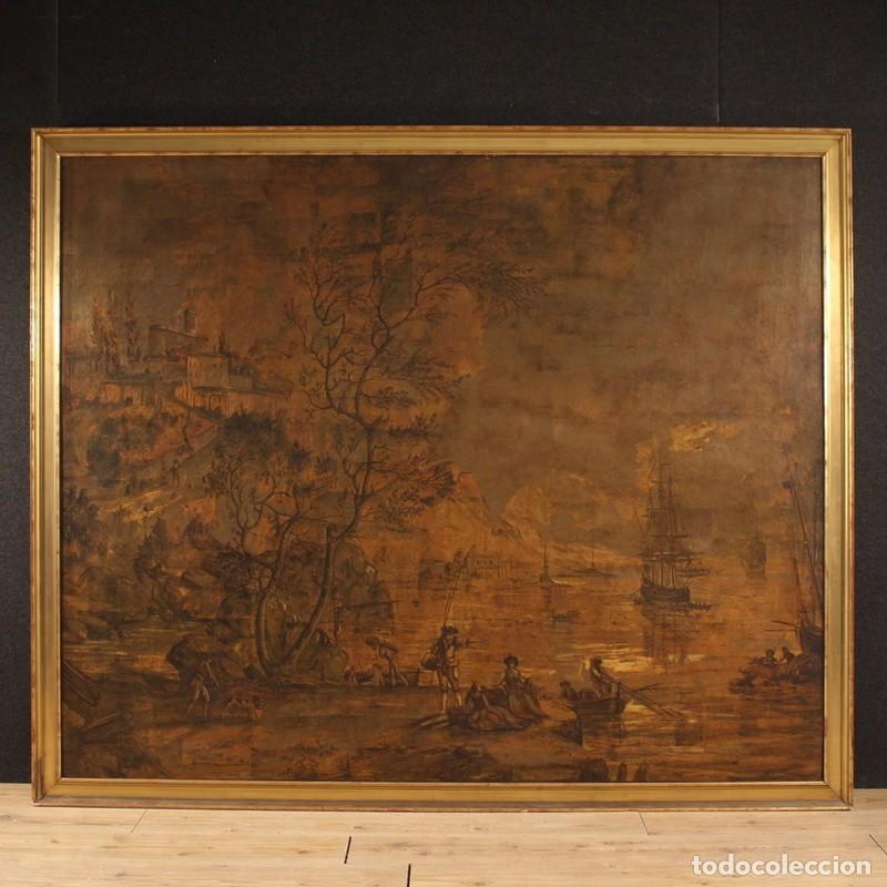 Arte: Gran cuadro italiano del siglo 18, paisaje con vista al puerto y a los veleros